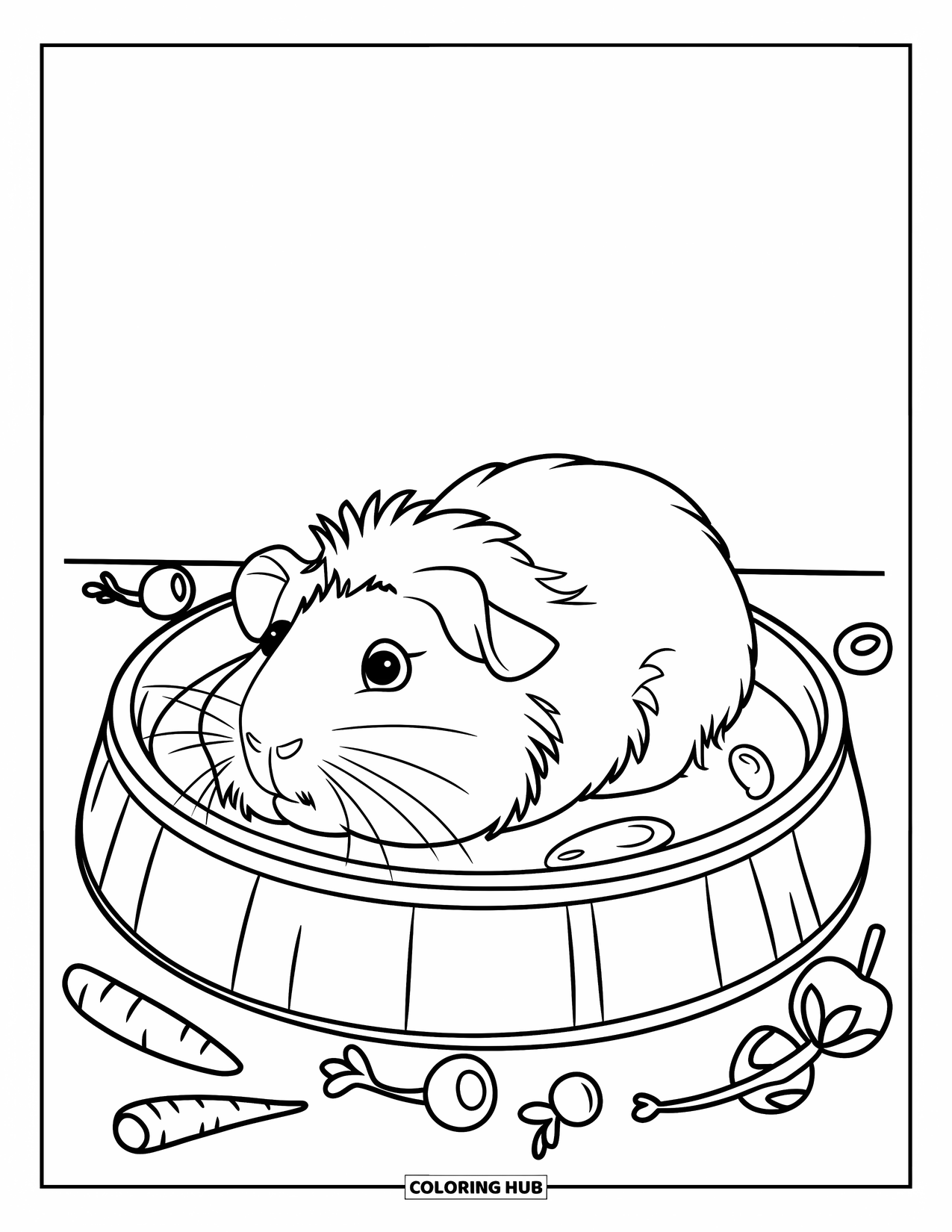 Meerschweinchen Ausmalbild für Kinder: Meerschweinchen in einer Futterschale ist von einfachem Gemüse und zusätzlichen Snacks umgeben
