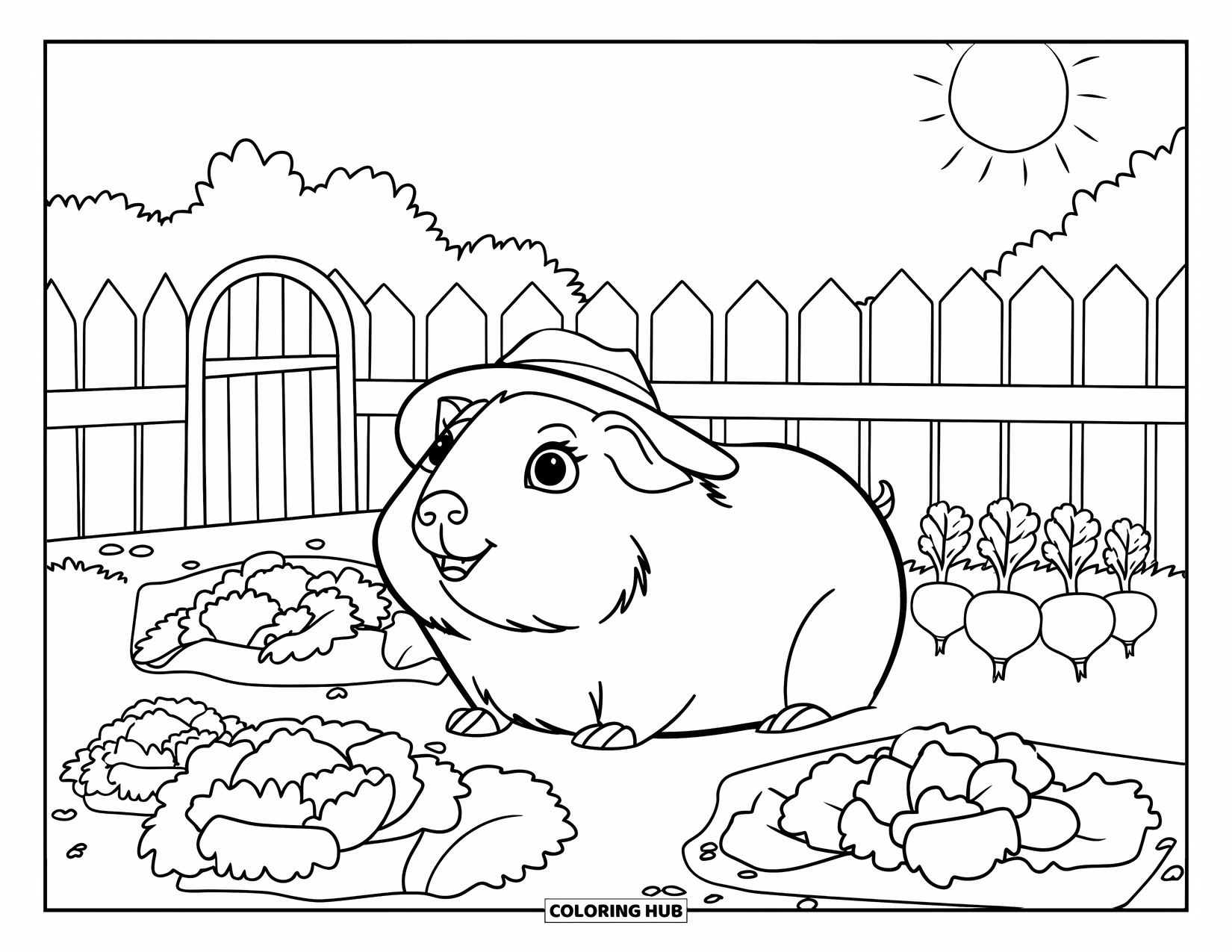 Meerschweinchen Ausmalbild für Kinder: Meerschweinchen mit einem grünen Hut sitzt inmitten von Salat und Radieschen in einem Gartenbeet