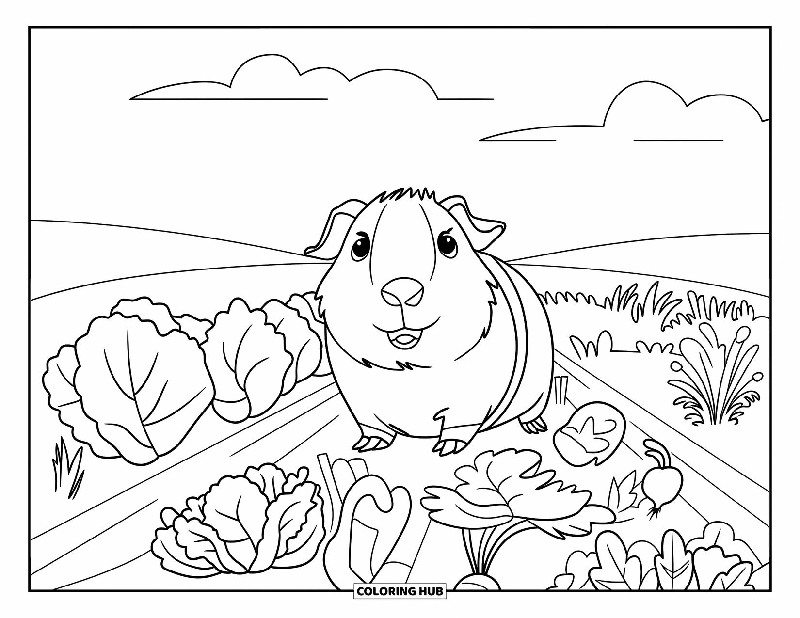 Meerschweinchen Ausmalbild für Kinder: Meerschweinchen in einem grünen Outfit ruht in einem Garten mit grünem Gemüse und blauem Himmel