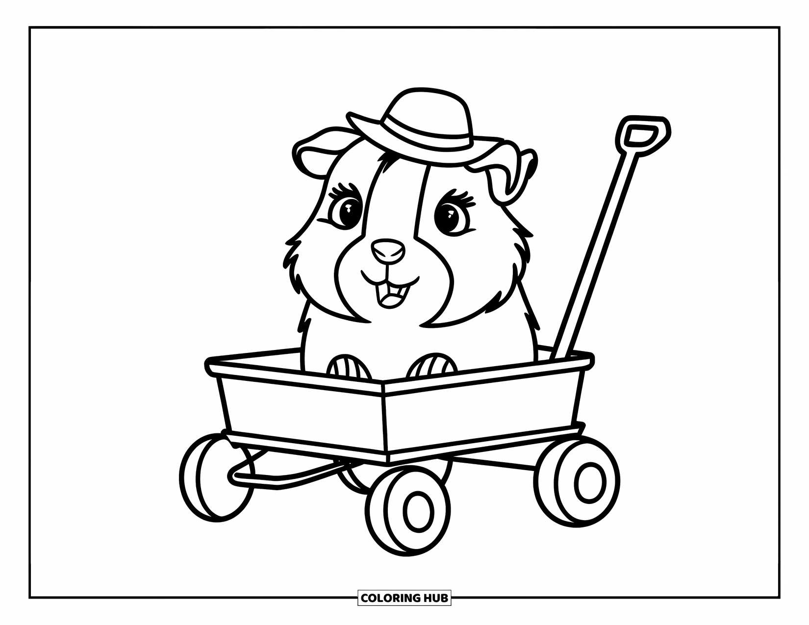 Meerschweinchen Ausmalbild für Kinder: Meerschweinchen mit einem Hut fährt glücklich in einem kleinen Spielzeugwagen