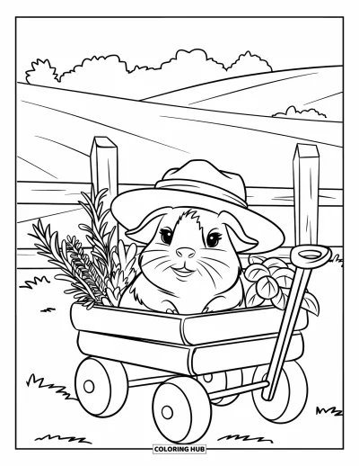 Desenho de Porquinho-da-Índia para Crianças: Porquinho-da-índia em uma carroça cheia de ervas rola pelo campo usando um chapéu fofo