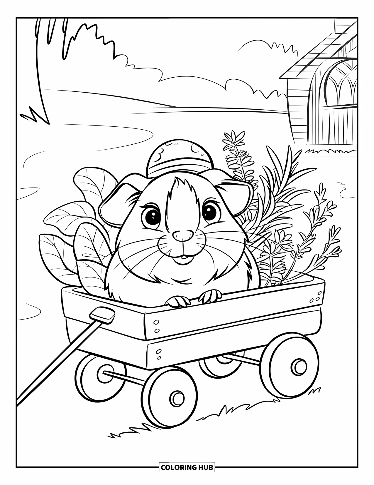 Meerschweinchen Ausmalbild für Kinder: Meerschweinchen in einem kleinen Wagen voller Kräuter genießt eine ruhige Landschaftsszene