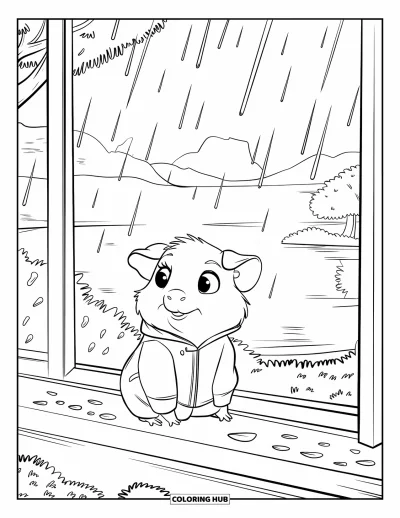 Desenho de porquinho-da-índia para colorir para crianças: Porquinho-da-índia de capa de chuva observa as gotas de chuva de um aconchegante parapeito de janela