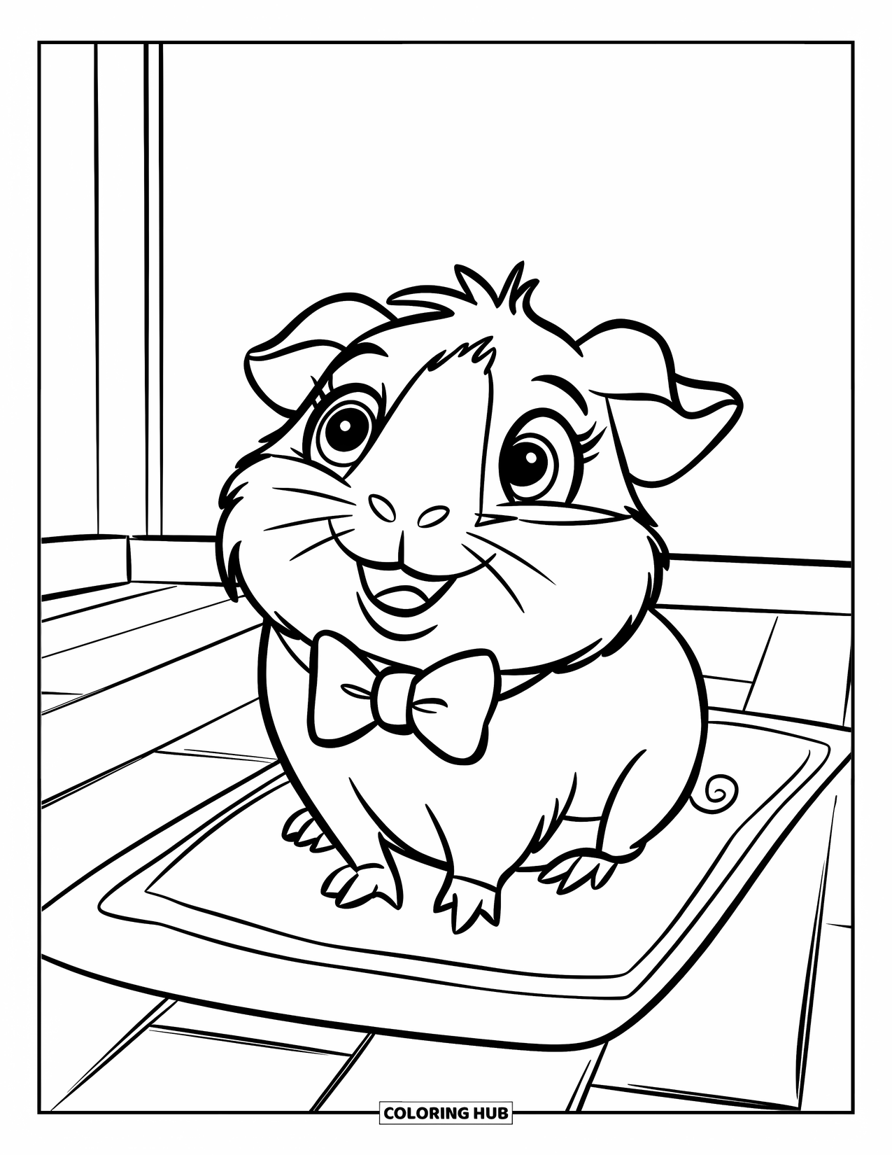 Meerschweinchen Ausmalbild für Kinder: Meerschweinchen mit einer roten Fliege sitzt auf einer Matte auf einem Holzboden