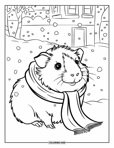 Desenho de Porquinho-da-Índia para Crianças: Porquinho-da-índia com um cachecol desfruta de uma suave queda de neve em uma cena de inverno pacífica