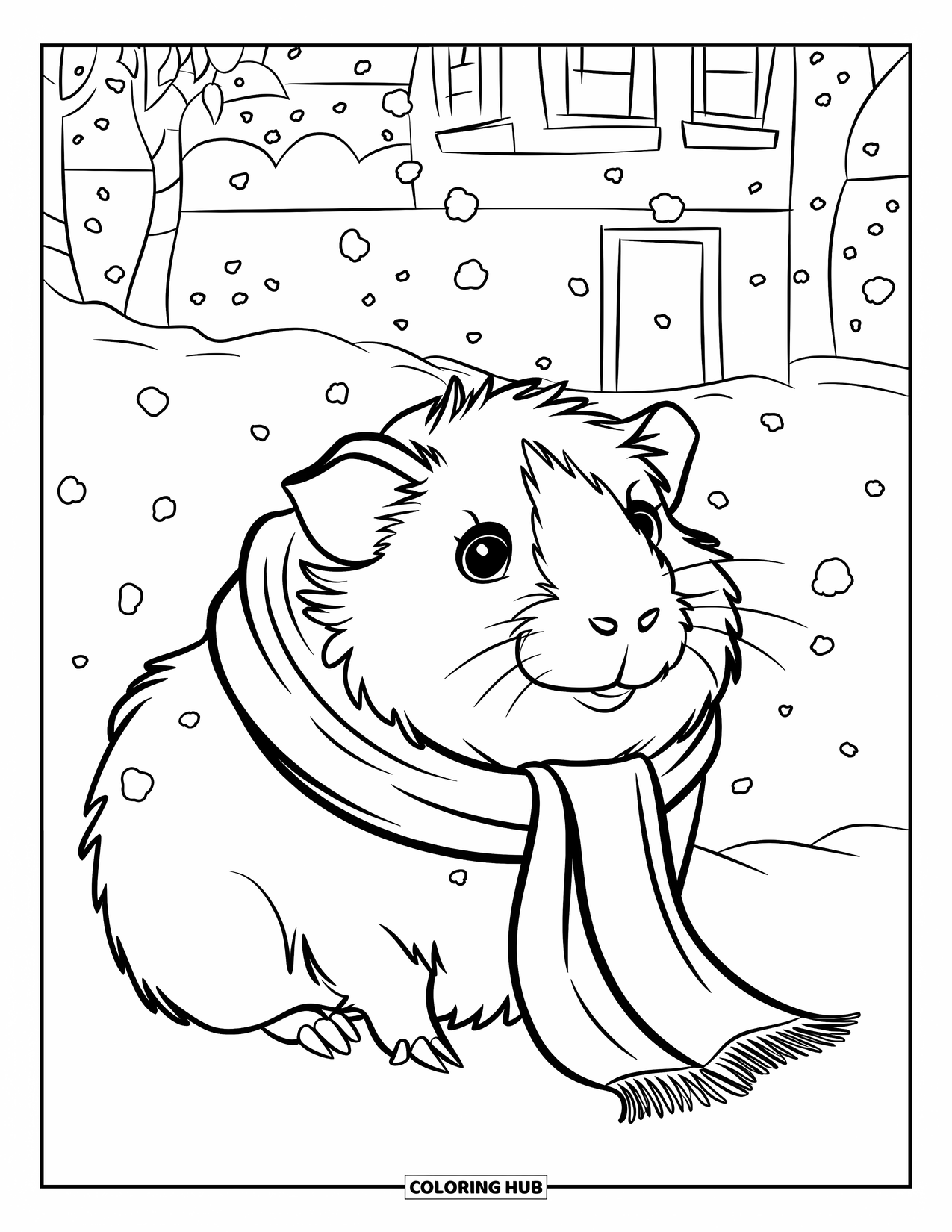 Meerschweinchen Ausmalbild für Kinder: Meerschweinchen mit einem Schal genießt sanften Schneefall in einer friedlichen Winterszene