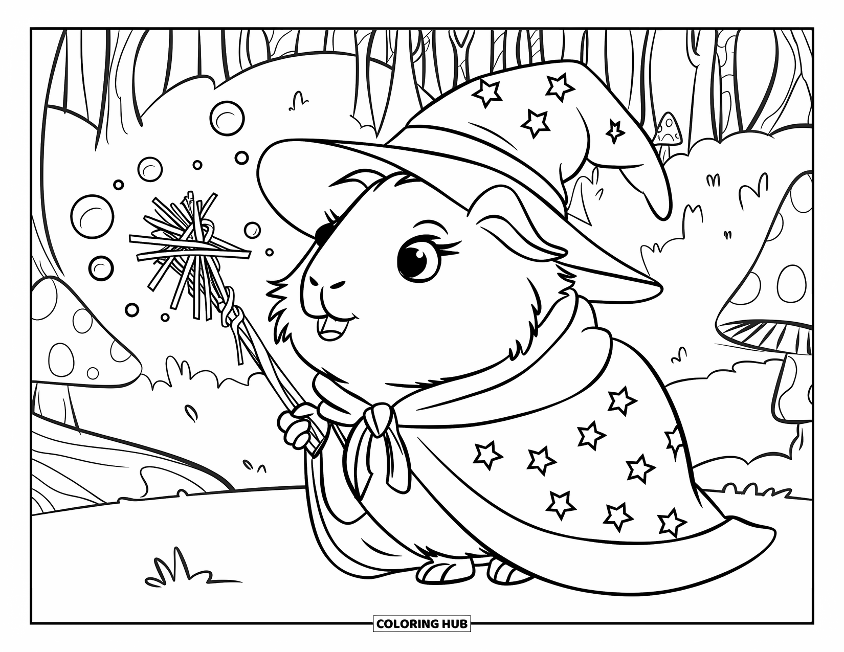 Meerschweinchen Ausmalbild für Kinder: Meerschweinchen in einem sternenklaren Umhang hält einen Heu-Zauberstab in einem Wald mit leuchtenden Blasen