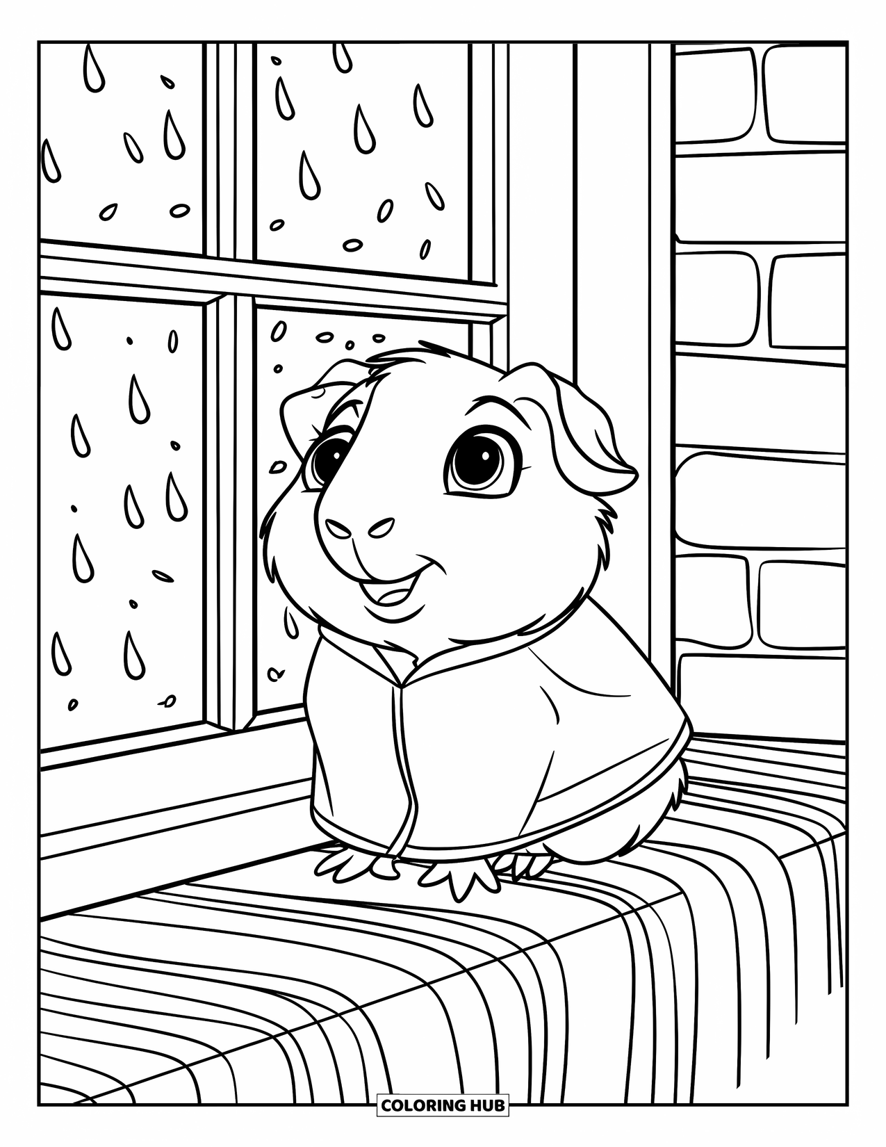 Meerschweinchen Ausmalbild für Kinder: Meerschweinchen in einem winzigen Mantel sitzt am Fenster und beobachtet den Regen