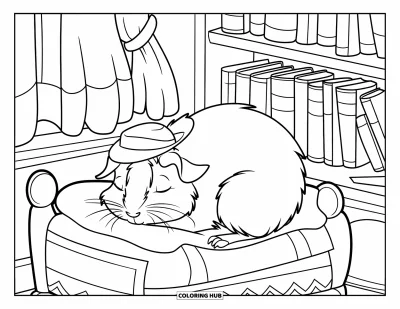 Desenho de Porquinho-da-Índia para Crianças: Porquinho-da-índia com um chapéu pequeno dorme em uma cama cercada por livros e travesseiros macios