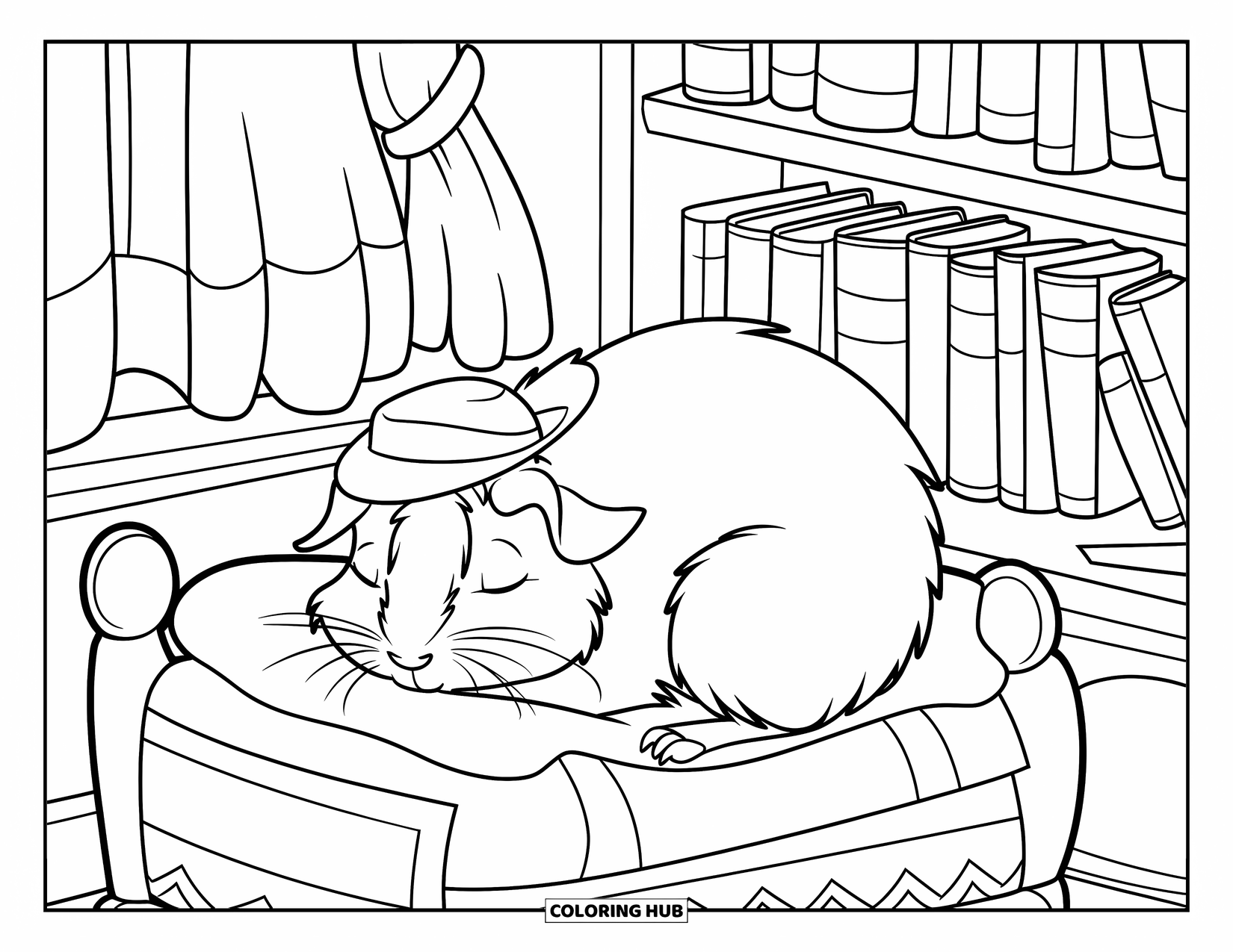 Meerschweinchen Ausmalbild für Kinder: Meerschweinchen mit einem winzigen Hut schläft in einem Bett, umgeben von Büchern und weichen Kissen