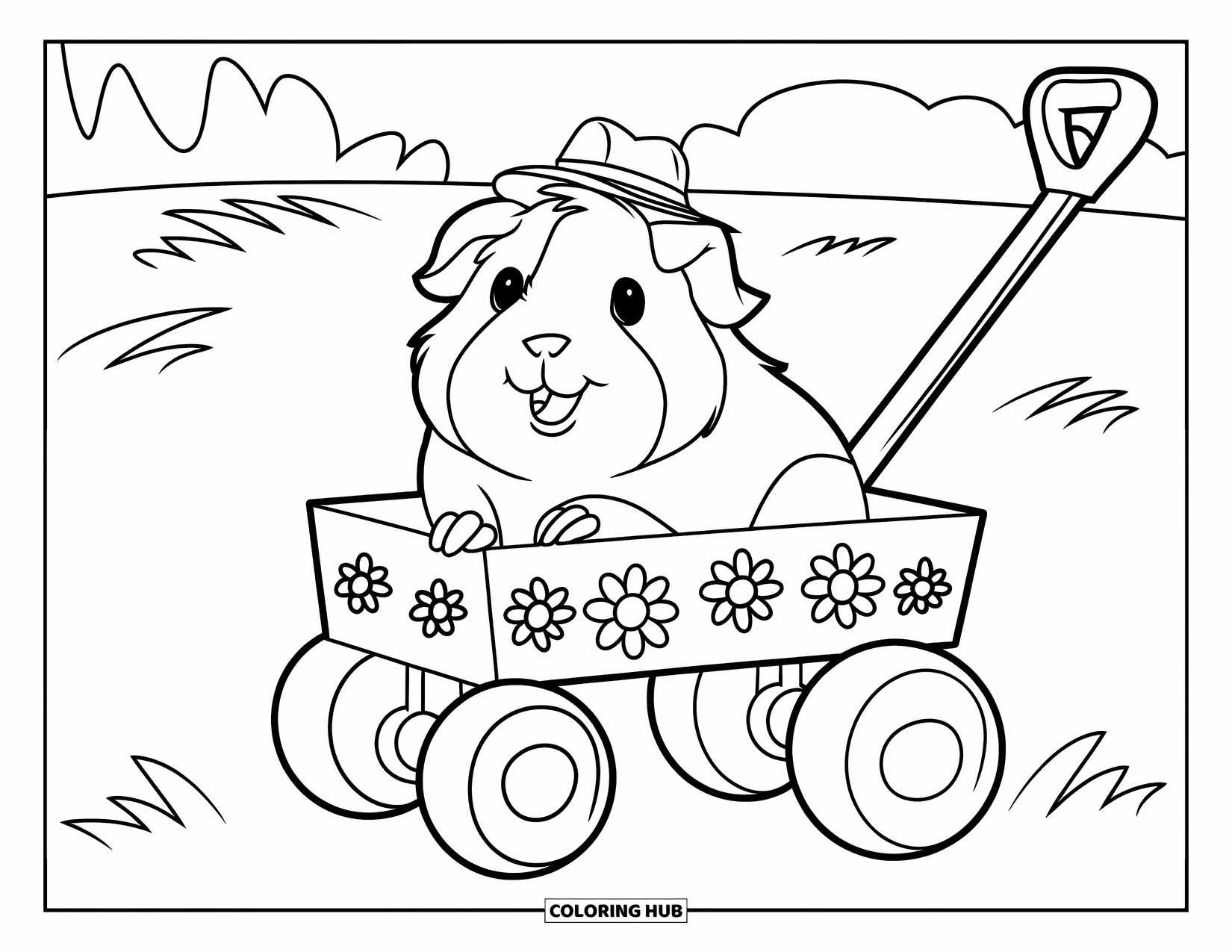 Meerschweinchen Ausmalbild für Kinder: Meerschweinchen in einem mit Blumen geschmückten Wagen ruht auf einem grasbewachsenen Feld