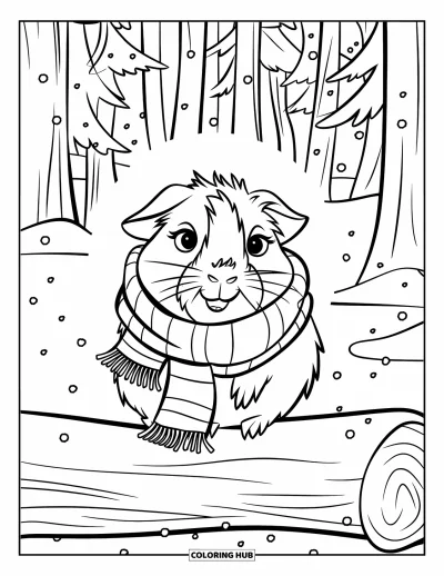 Desenho de Porquinho-da-Índia para Crianças: Porquinho-da-índia em um tronco nevado usa um cachecol e brilha em uma floresta de inverno tranquila