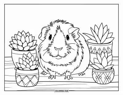 Desenho de Porquinho-da-Índia para Crianças: Porquinho-da-índia em uma superfície de madeira é cercado por diversas suculentas e vasos encantadores