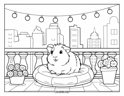 Desenho de Porquinho-da-Índia para Crianças: Porquinho-da-índia relaxa sob luzes de fadas com flores e uma almofada aconchegante em uma varanda