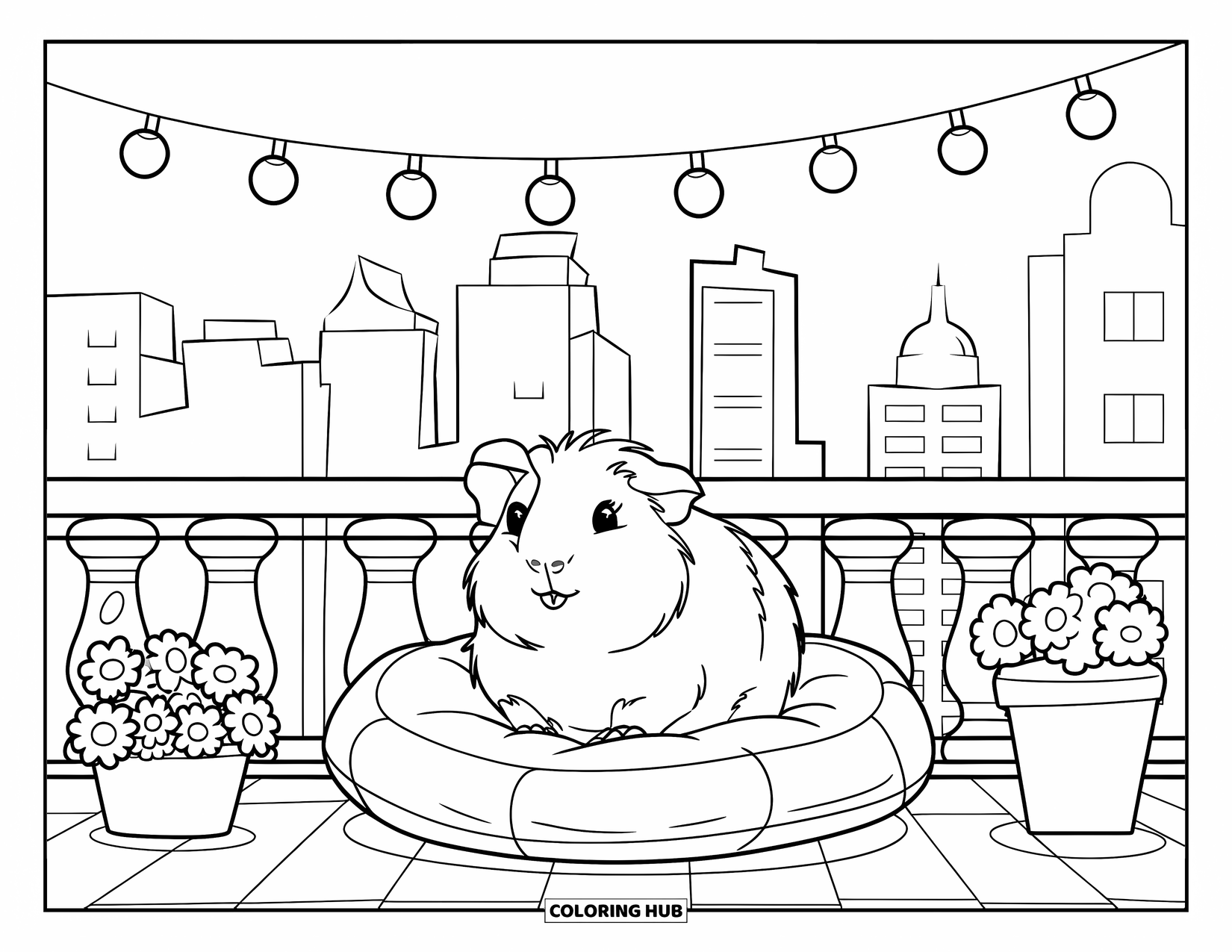 Meerschweinchen Ausmalbild für Kinder: Meerschweinchen entspannt sich unter Lichterketten mit Blumen und einem gemütlichen Kissen auf einem Balkon