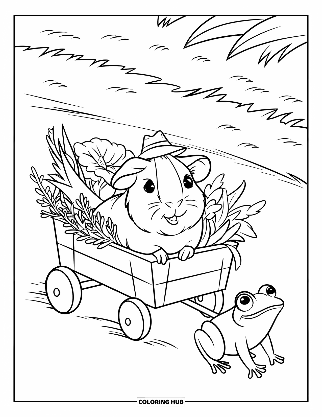 Meerschweinchen Ausmalbild für Kinder: Meerschweinchen fährt in einem Wagen voller Kräuter, während ein Frosch es durch ein Feld zieht