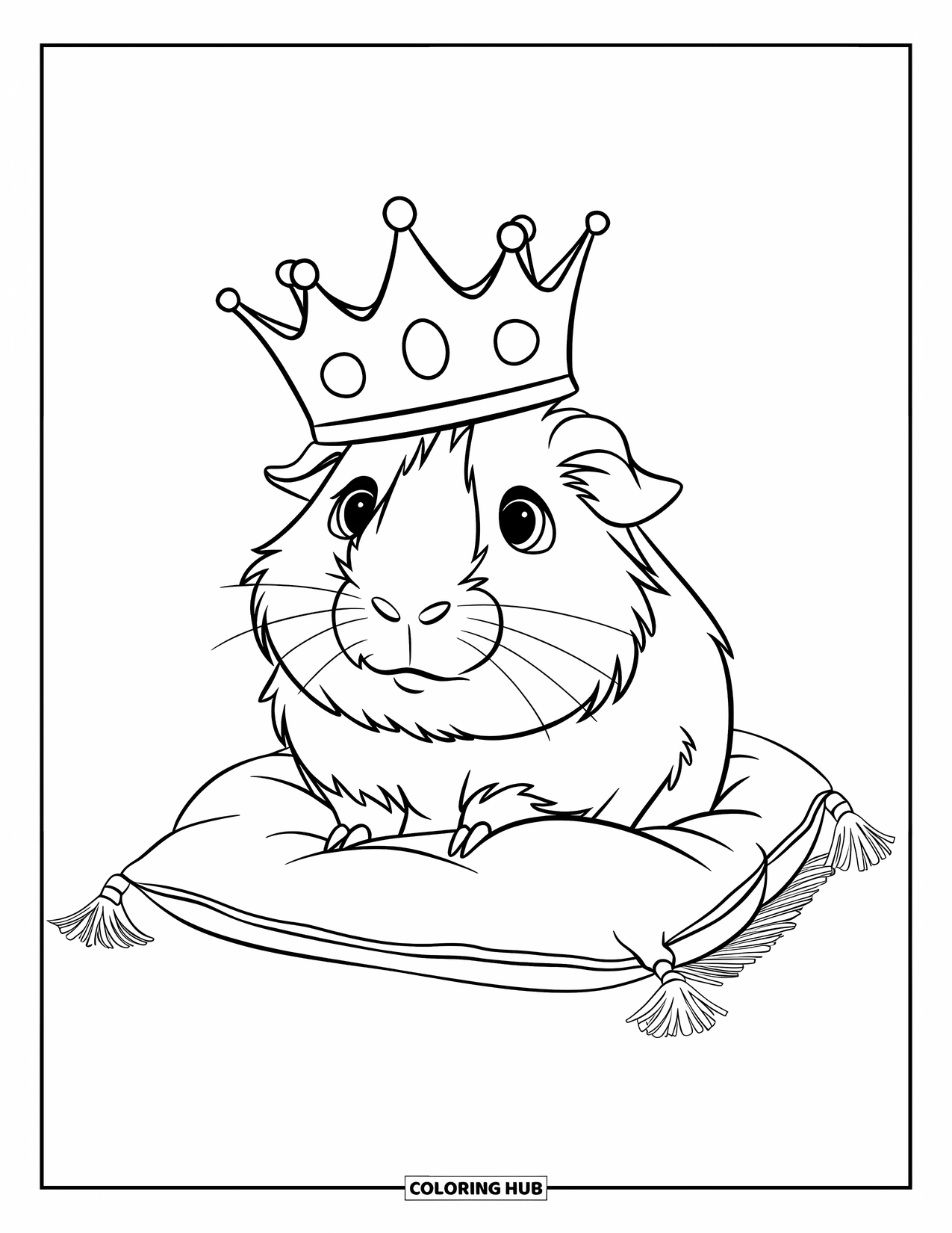 Meerschweinchen Ausmalbild für Kinder: Meerschweinchen-Royalty ruht auf einem Quastenkissen mit großen, ausdrucksstarken Augen