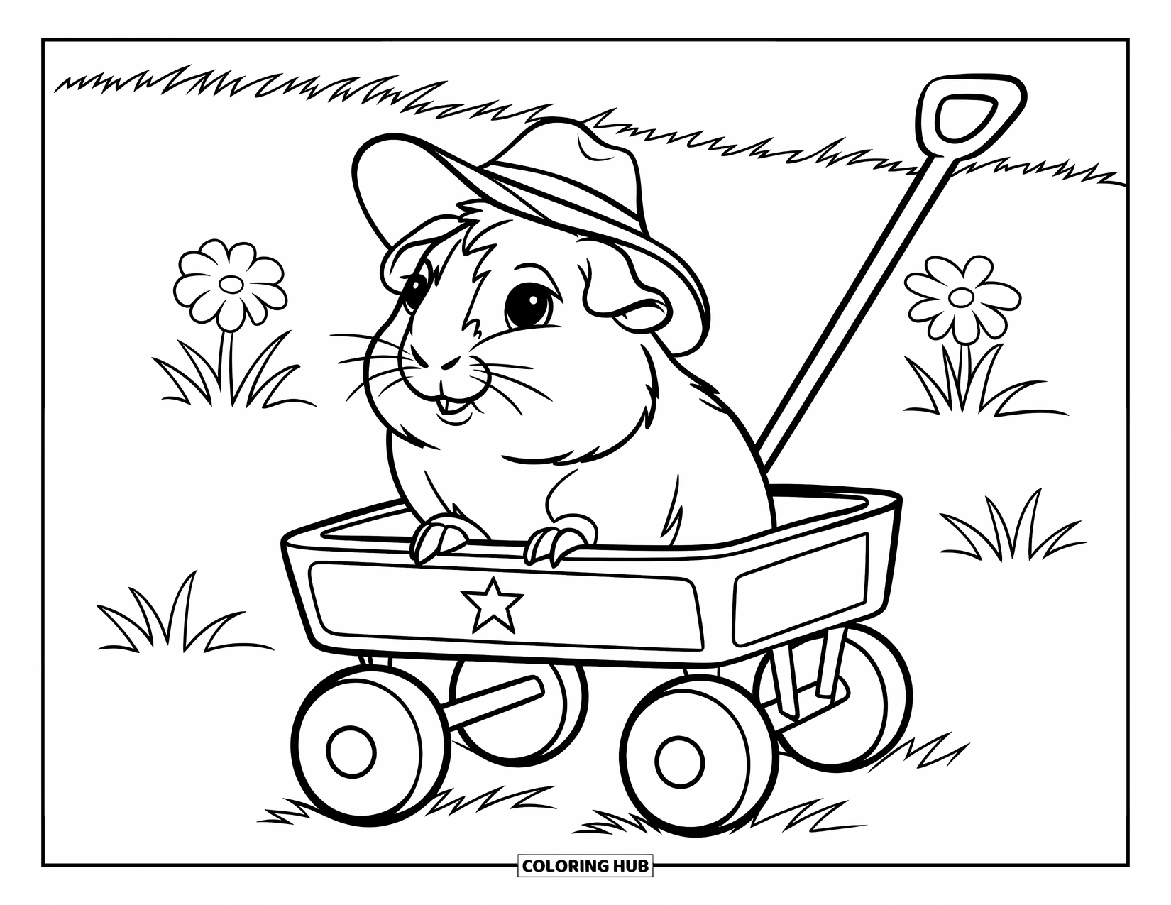 Meerschweinchen Ausmalbild für Kinder: Meerschweinchen sitzt in einem Wagen mit einem Stern, umgeben von Blumen