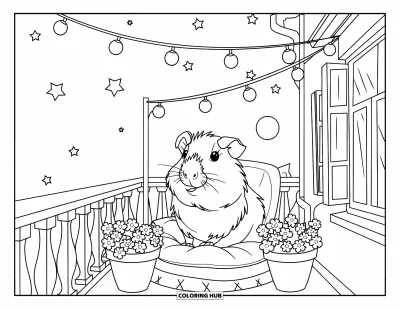 Desenho de Porquinho-da-Índia para Crianças: Porquinho-da-índia senta-se em uma varanda sob luzes de fadas com estrelas, lua e vasos de plantas