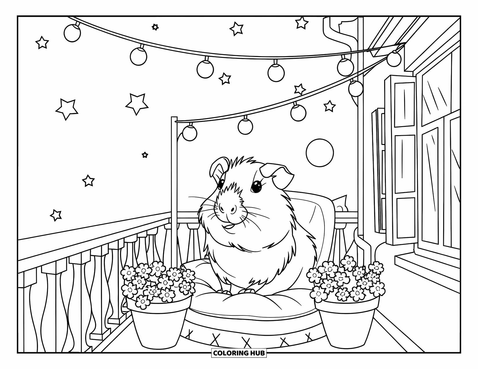 Meerschweinchen Ausmalbild für Kinder: Meerschweinchen sitzt auf einem Balkon unter Lichterketten mit Sternen, Mond und Topfpflanzen