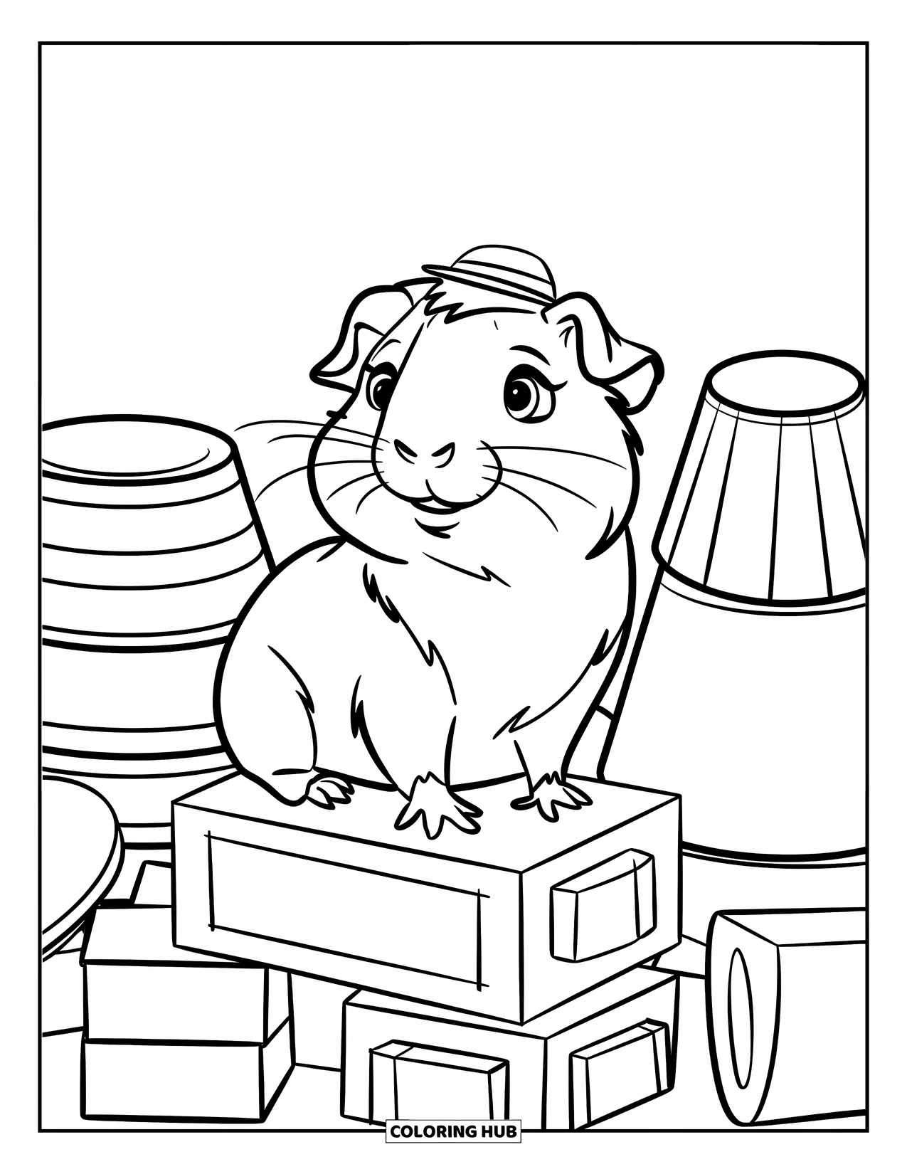 Meerschweinchen Ausmalbild für Kinder: Meerschweinchen sitzt mit einem winzigen Hut auf Spielzeugklötzen
