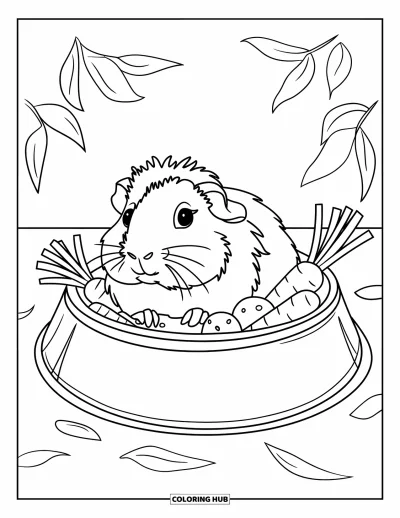 Desenho de Porquinho-da-Índia para Crianças: Porquinho-da-índia senta-se ereto em uma tigela de vegetais com folhas espalhadas ao redor