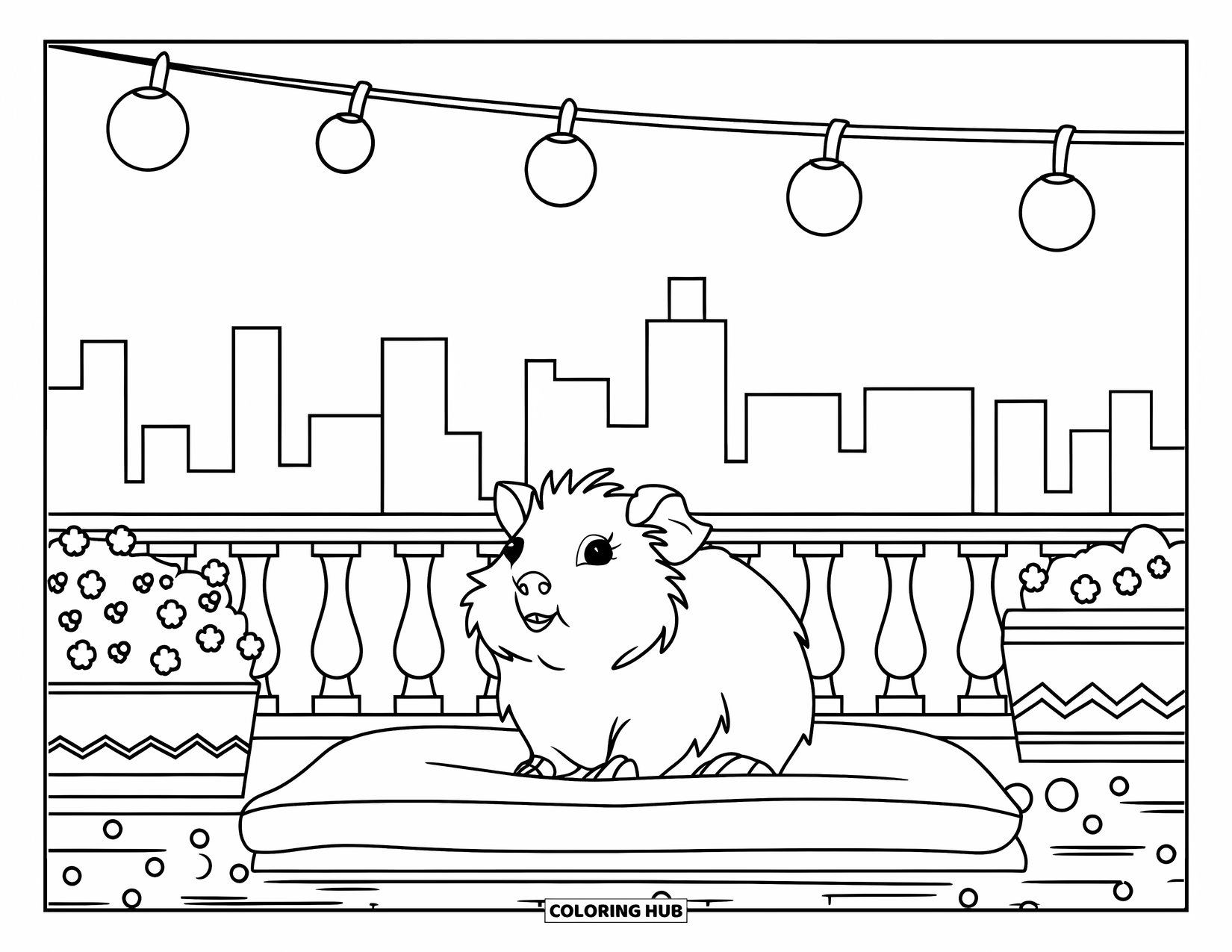 Meerschweinchen Ausmalbild für Kinder: Meerschweinchen genießt unter funkelnden Lichtern einen Balkon voller Blumentöpfe und weicher Kissen