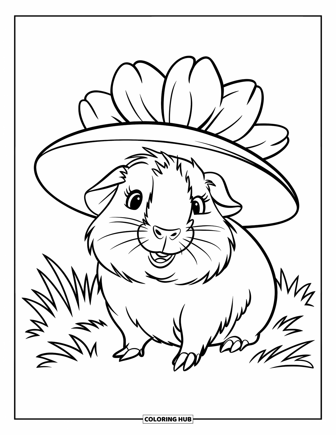Meerschweinchen Ausmalbild für Kinder: Meerschweinchen trägt einen großen Blumenhut, während es auf dem Gras sitzt