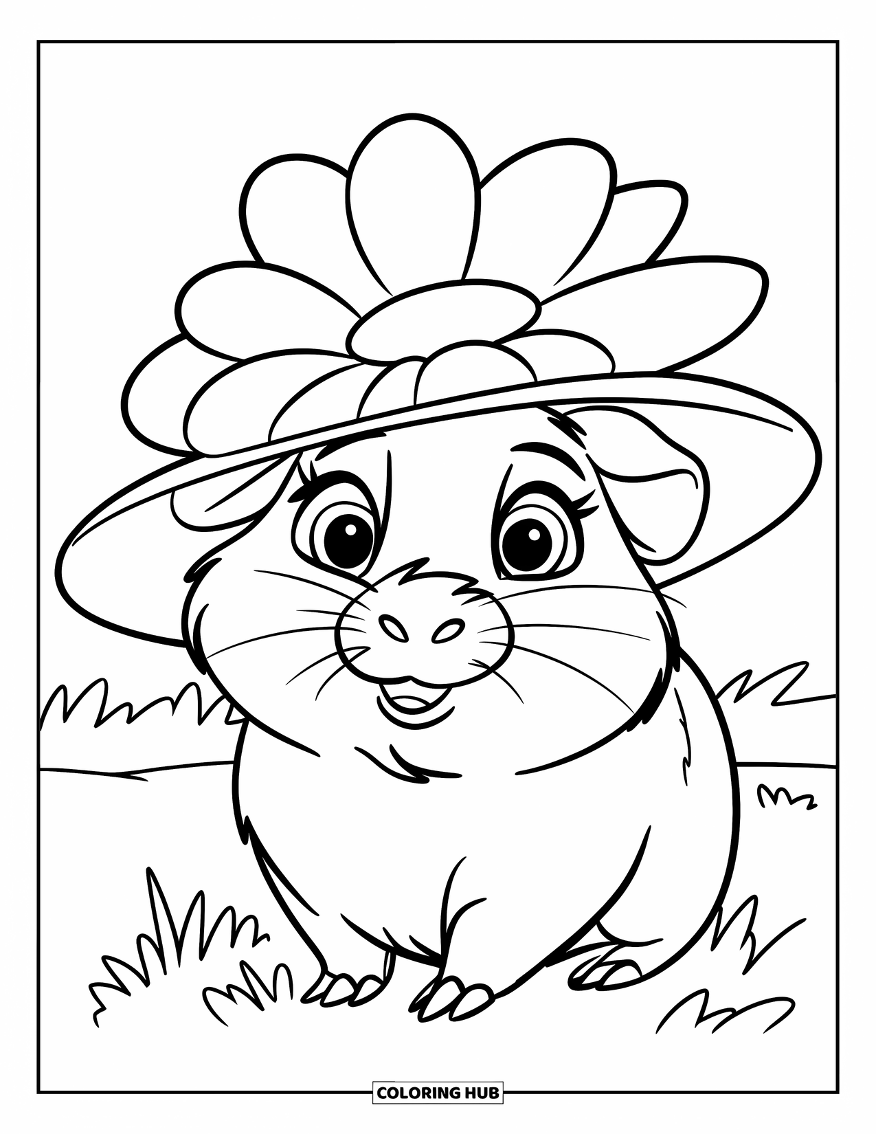 Meerschweinchen Ausmalbild für Kinder: Meerschweinchen mit einem Blumenhut und großen Augen ruht in einem Feld