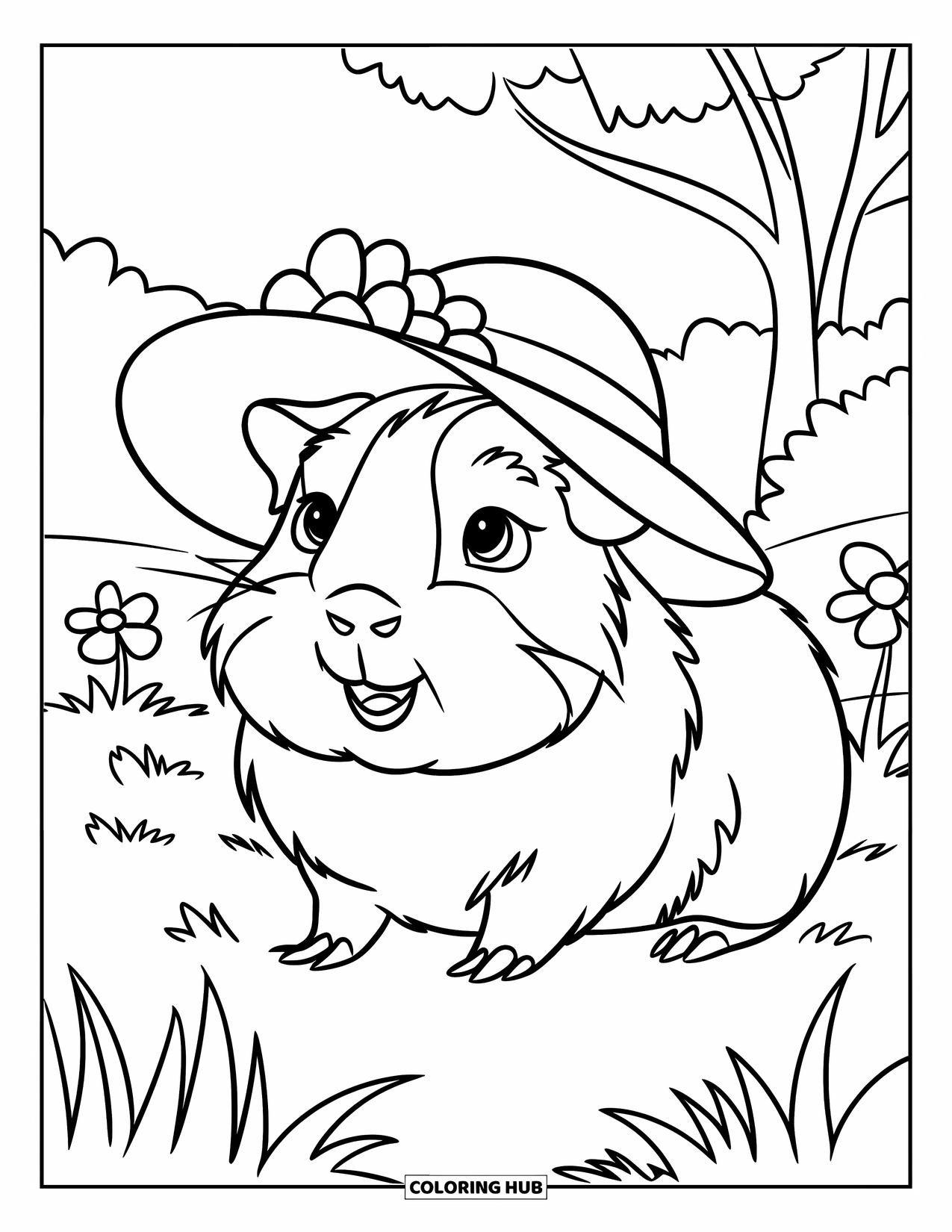 Meerschweinchen Ausmalbild für Kinder: Meerschweinchen mit einem riesigen Blumenhut sitzt im Gras in der Nähe von Blumen und Bäumen