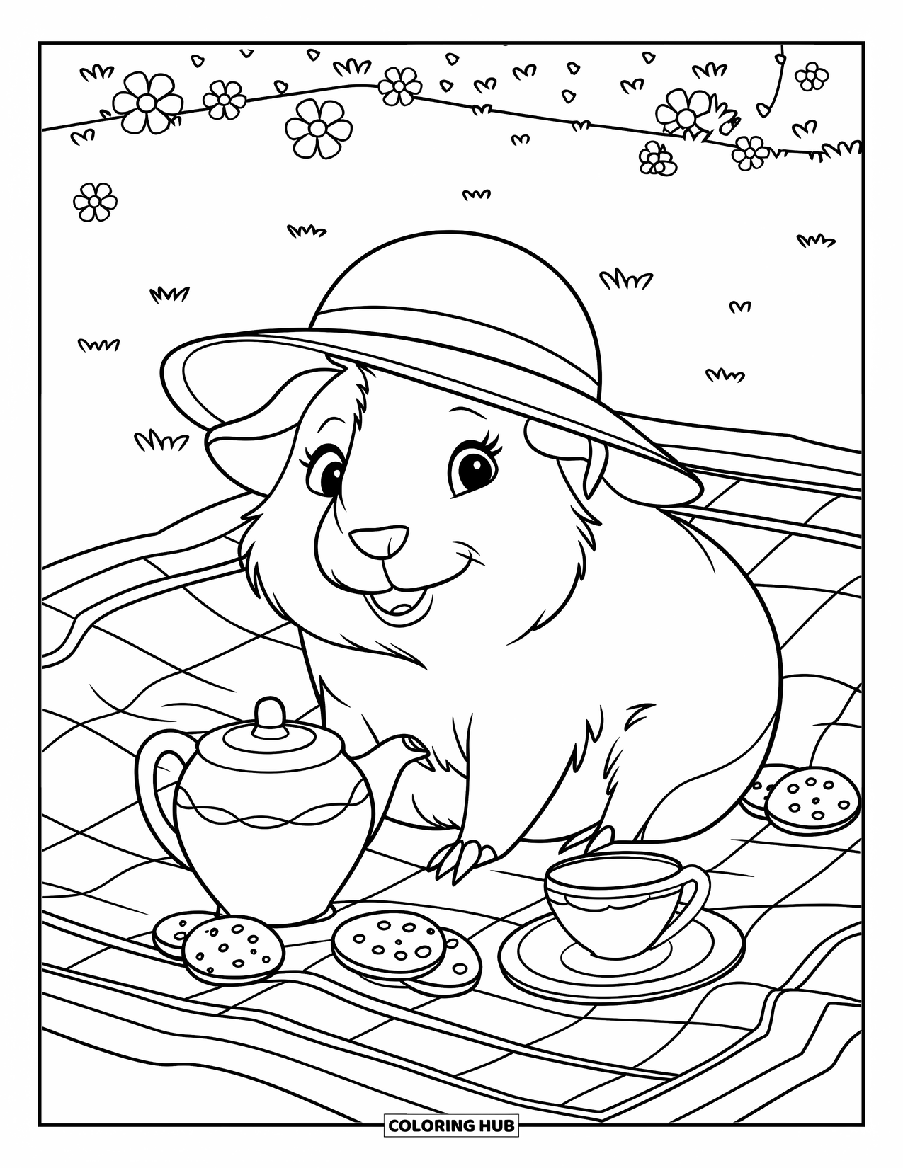 Meerschweinchen Ausmalbild für Kinder: Meerschweinchen mit einem kleinen Hut sitzt auf einer Decke mit Keksen, Tee und Blumen