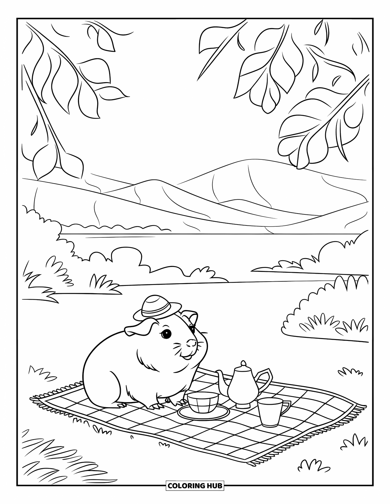 Meerschweinchen Ausmalbild für Kinder: Meerschweinchen mit einer Teekanne und Snacks sitzt auf einer Picknickdecke in der Nähe eines Sees