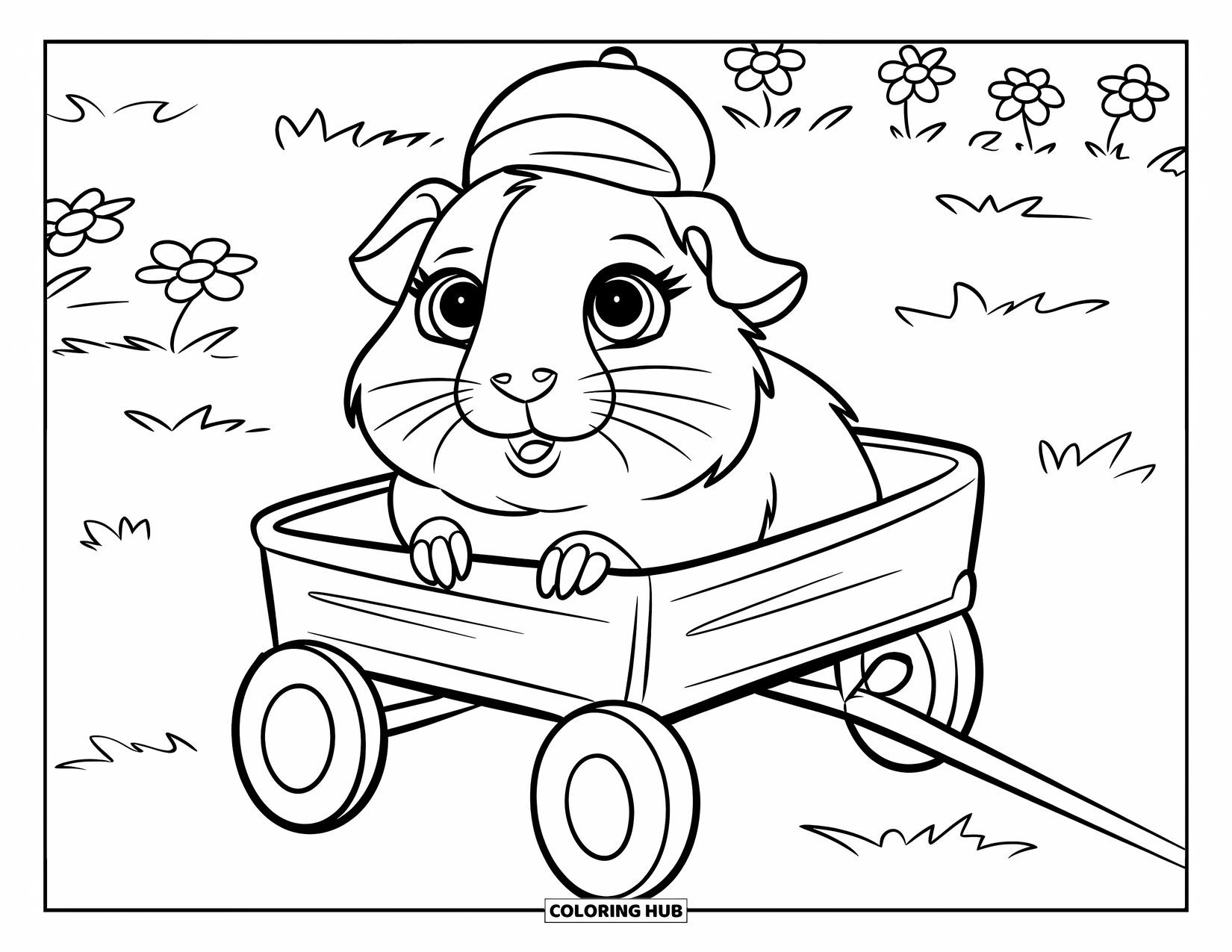 Meerschweinchen Ausmalbild für Kinder: Meerschweinchen mit großen Augen fährt in einem Wagen auf einer blumenreichen Wiese