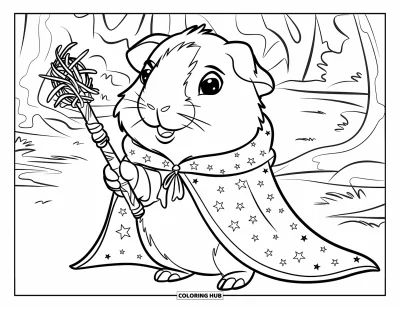 Desenho de Porquinho-da-Índia para Crianças: Porquinho-da-índia mago fica em uma floresta sonhadora com uma capa e varinha
