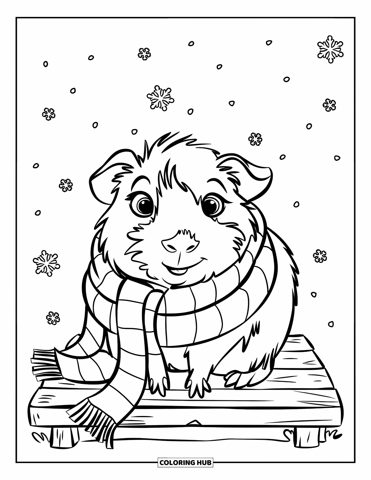 Meerschweinchen Ausmalbild für Kinder: In einen Schal gehülltes Meerschweinchen sitzt auf einer Holzplattform, während Schnee herabrieselt