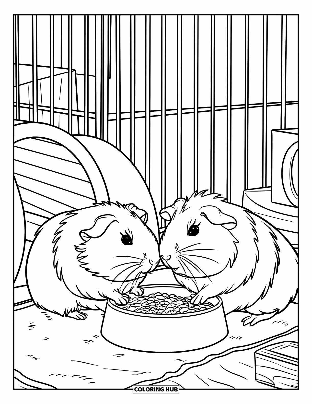 Meerschweinchen Ausmalbild für Kinder: Meerschweinchen knabbern zusammen in einem Käfig mit einem Tunnel und einem Holzspielzeug