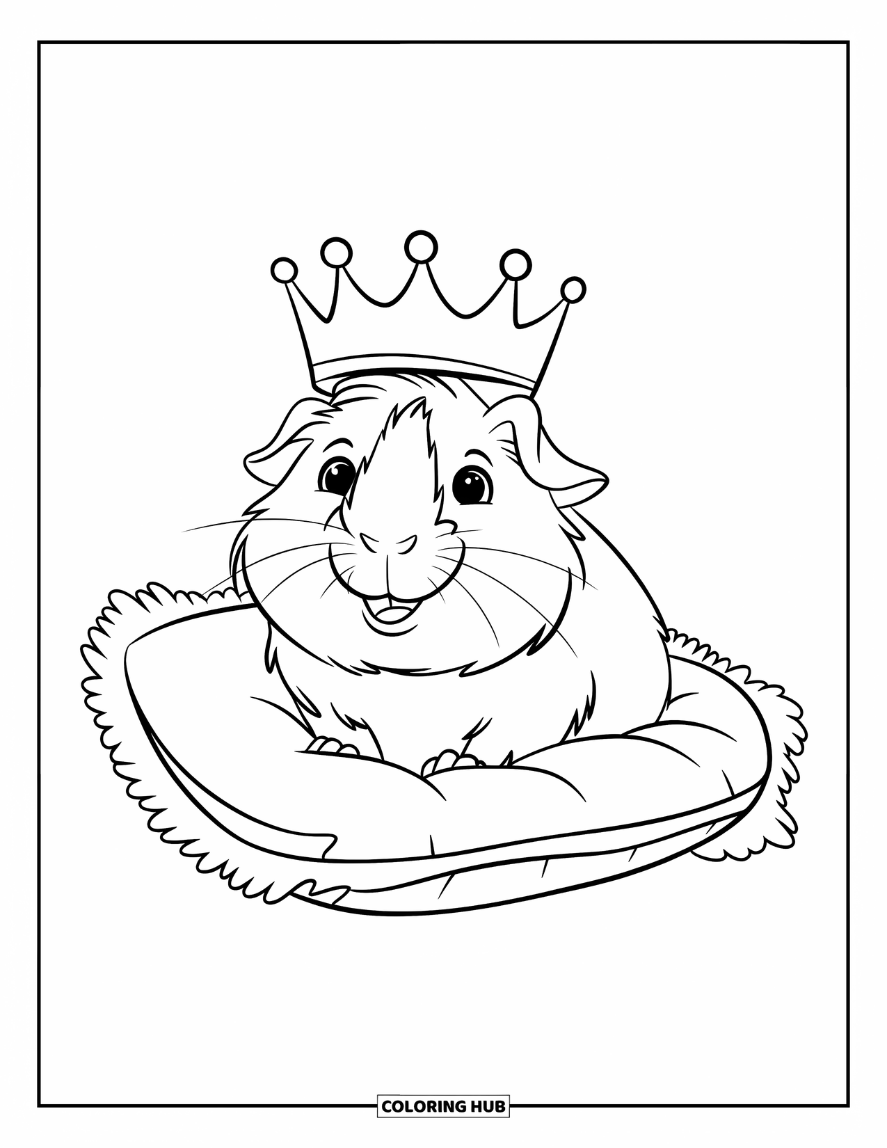 Meerschweinchen Ausmalbild für Kinder: Glückliches Meerschweinchen mit einer Krone ruht auf einem bequemen Kissen