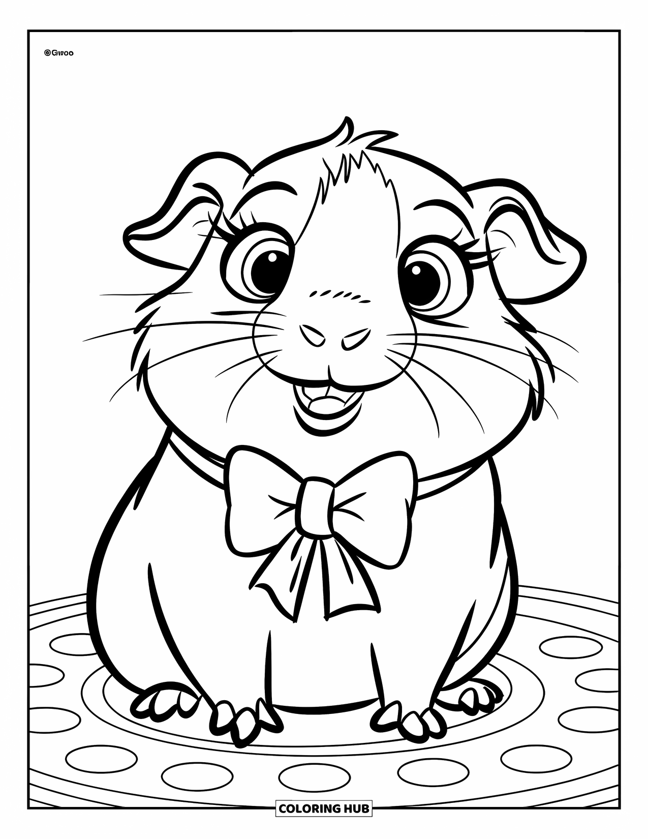 Meerschweinchen Ausmalbild für Kinder: Glückliches Meerschweinchen mit großen Augen und einer Fliege ruht auf einer gemusterten Matte