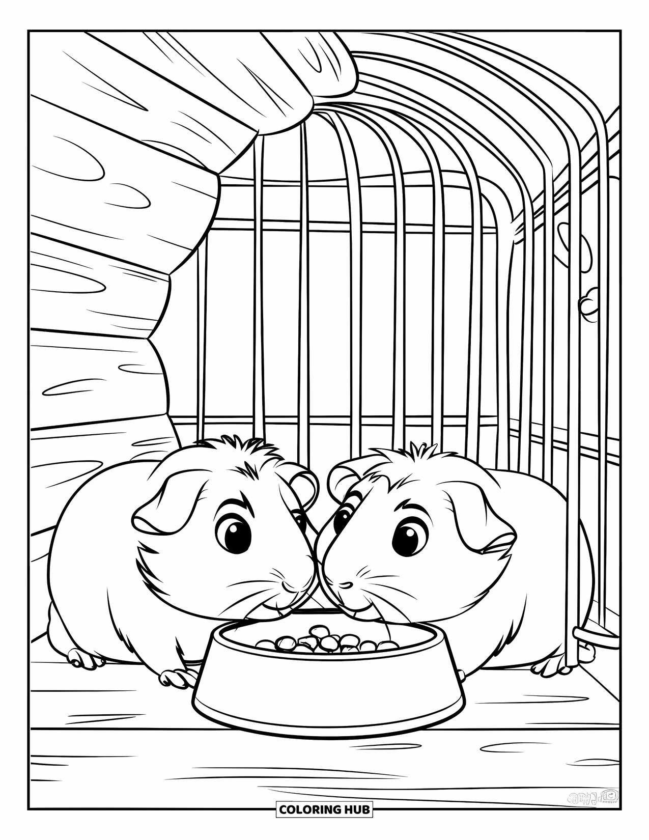 Meerschweinchen Ausmalbild für Kinder: Zwei Meerschweinchen mit großen Augen genießen Snacks in ihrem gemütlichen Käfig