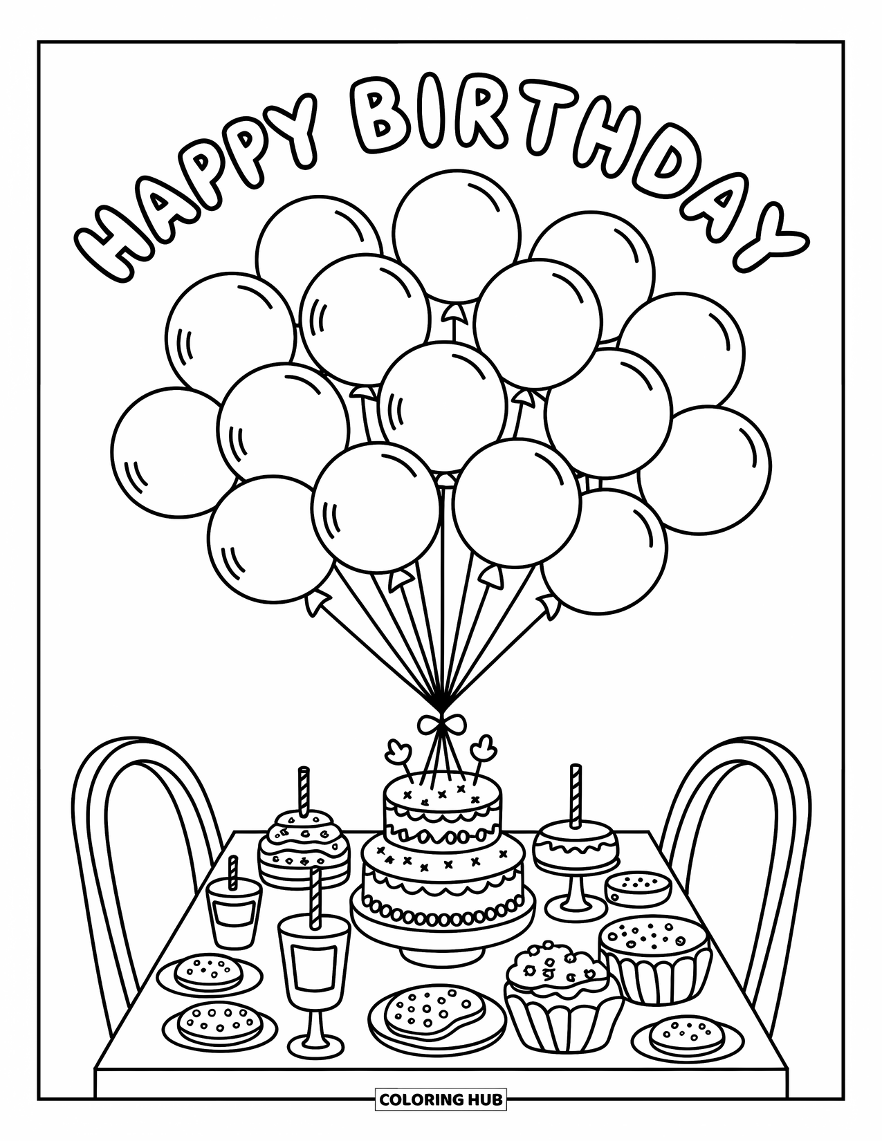Happy Birthday Coloring Page for Adults: Balloon bouquet tied to a table of cupcakes, cookies, and drinks