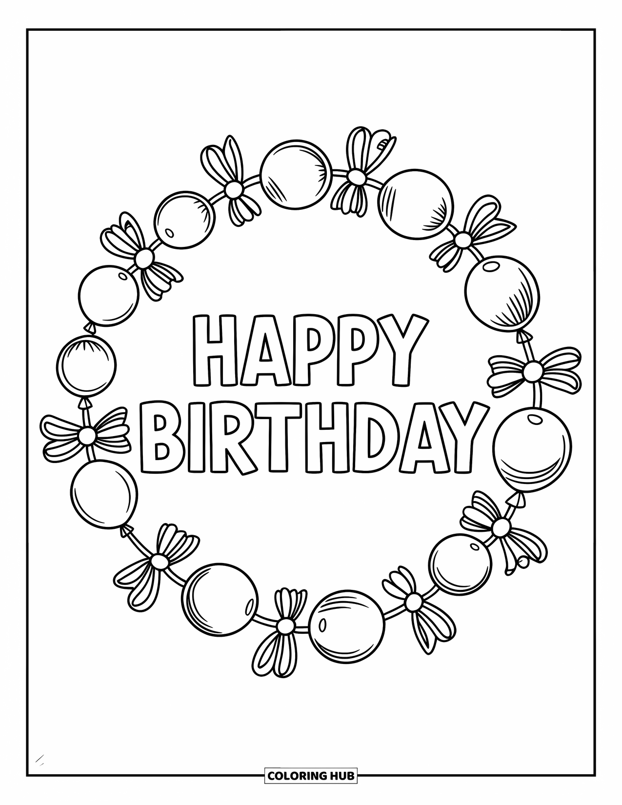 Happy Birthday Coloring Page for Adults: Balloon-string wreath frames a sweet birthday message in the center