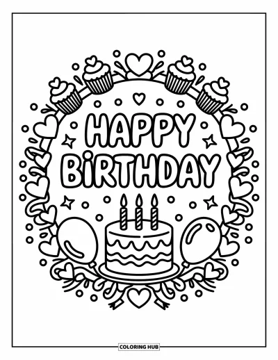 Bursdags-fargeleggingsark for voksne: Cupcakes, ballonger og konfetti pynter en søt «Happy Birthday»-hilsen