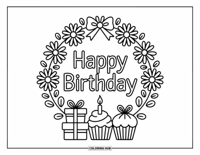 Bursdags-fargeleggingsark for voksne: Tusenfryd og sløyfer rundt «Happy Birthday» med innpakkede gaver og en liten cupcake