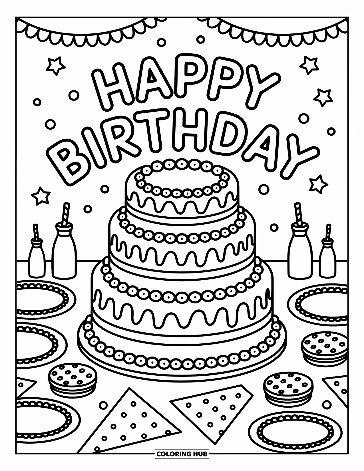 Happy Birthday Coloring Page for Adults: Dripping birthday cake with cute party snacks and scalloped curtains