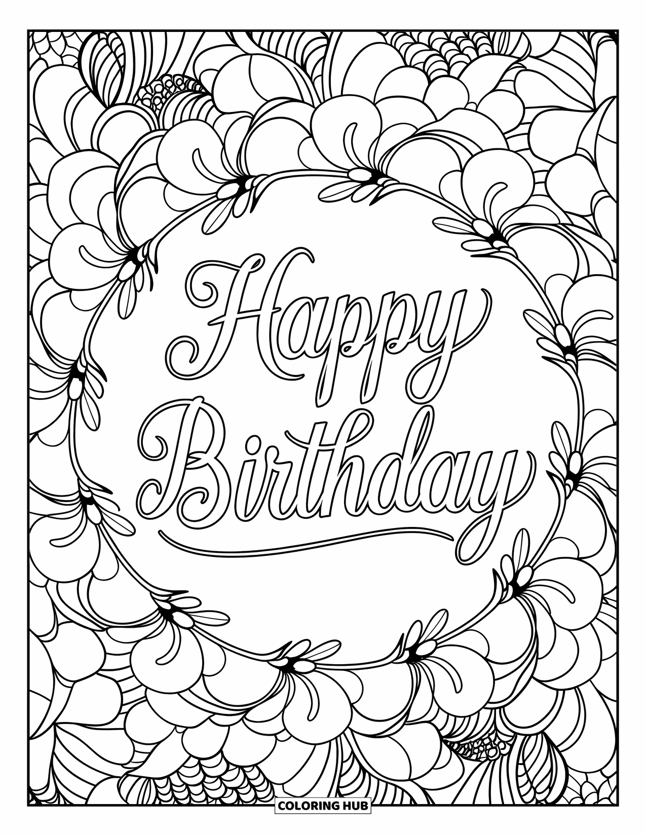 Happy Birthday Coloring Page for Adults: Floral mandala with soft swirls and vines surrounds a graceful birthday message