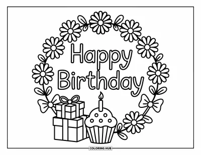 Bursdags-fargeleggingsark for voksne: Blomsterkrans med gaver og en cupcake rundt en varm «Happy Birthday»-hilsen