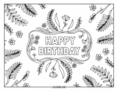 Bursdags-fargeleggingsark for voksne: «Happy Birthday» innrammet av slyngplanter med en bladrik botanisk mandala i bakgrunnen
