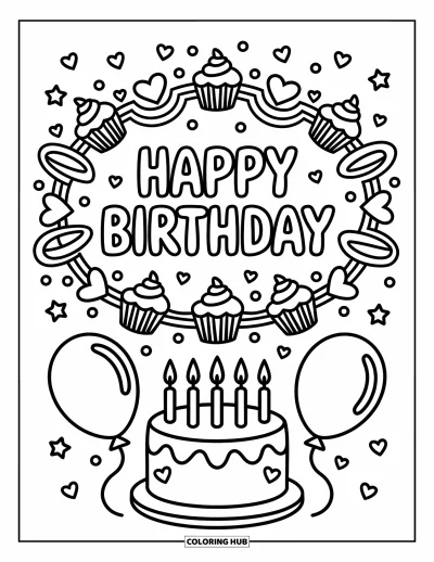 Bursdags-fargeleggingsark for voksne: «Happy Birthday» innrammet av cupcakes, hjerter, stjerner og morsom konfetti