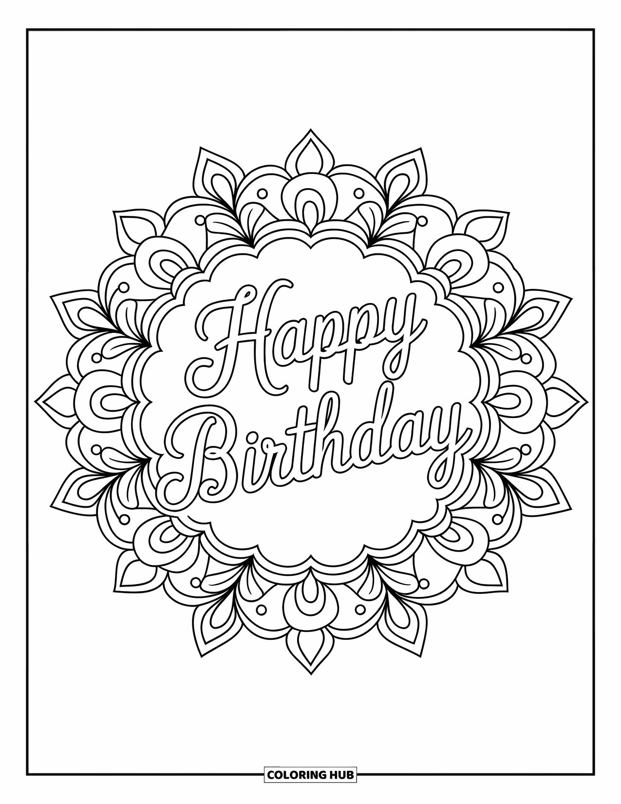 Happy Birthday Coloring Page for Adults: Intricate floral mandala framing a graceful birthday message in script