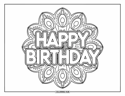 Bursdags-fargeleggingsark for voksne: Virvlende mandalamønstre rammer inn en sentrert «Happy Birthday»-hilsen
